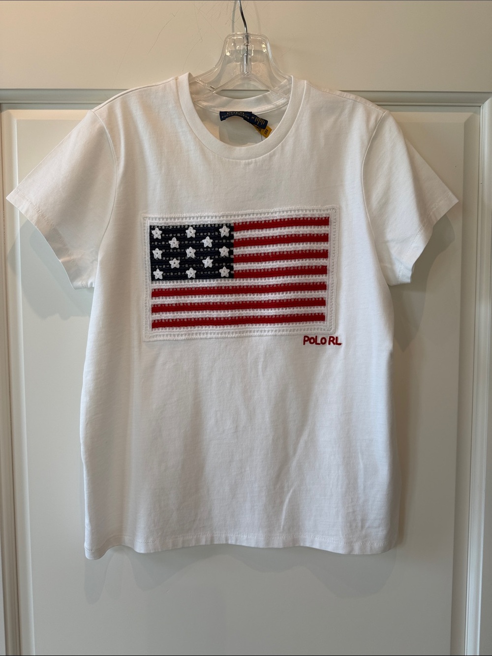 Polo by Ralph Lauren White Tee with Crocheted American Flag - NWT Size M